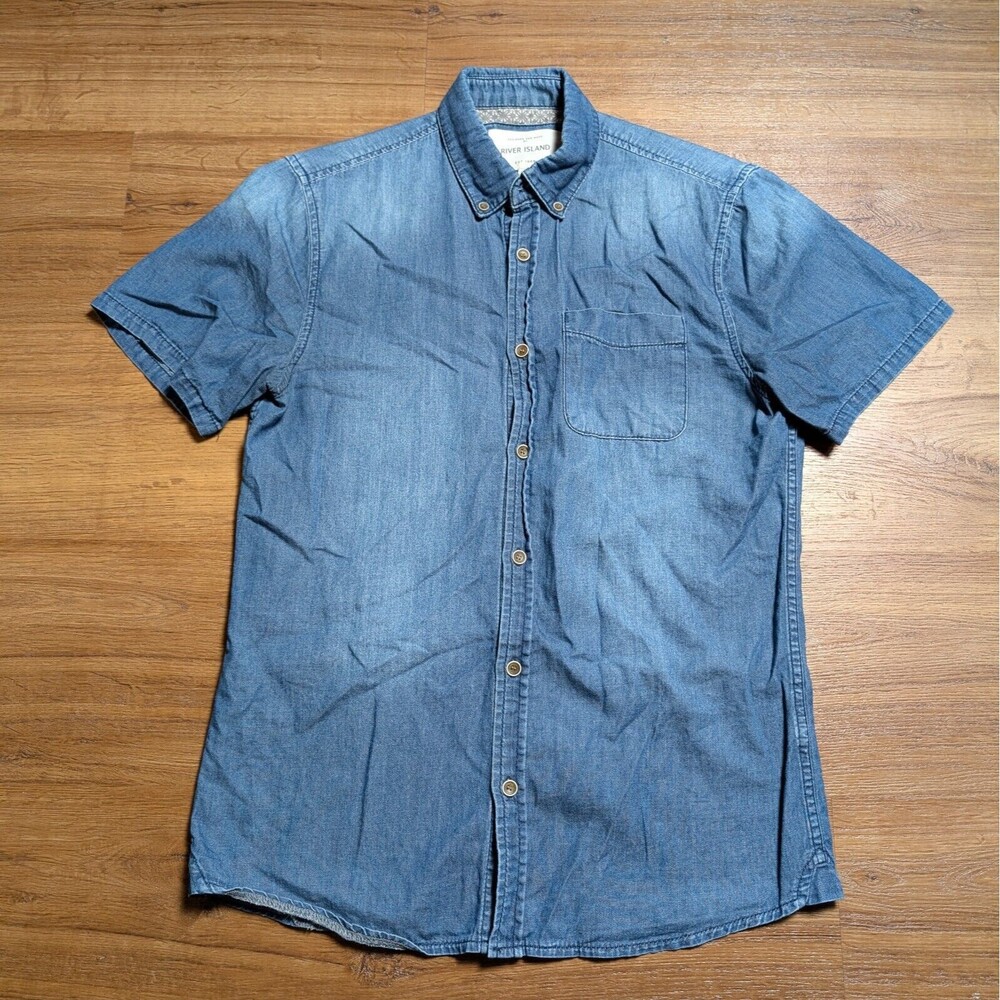 River Island Button Up Shirt Size Small Regular Fit Denim Chambray Casual